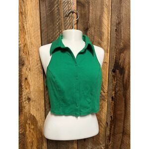 Urban Outfitters‎ Green Ribbed Cropped Halter Top Collared Button Up Small Retro